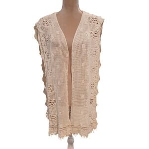 Boho Crochet Knit Vest Cream Ivory Open Front Fringe Sleeveless Cardigan Wrap